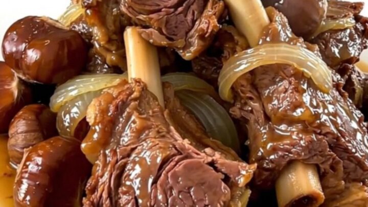 A close-up of tender lamb shoulder with glazed chestnuts and onions in a slow cooker.
