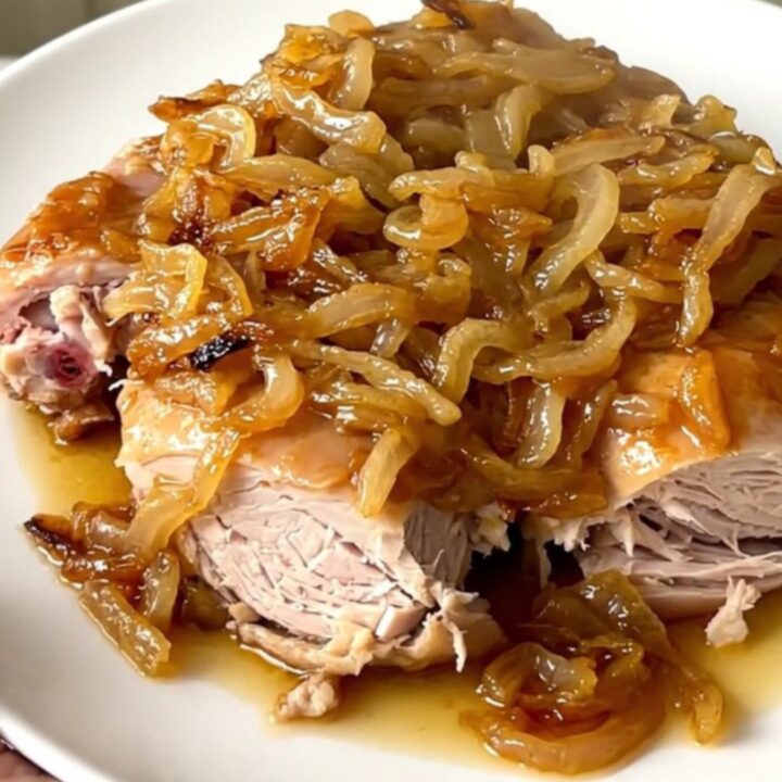 A close-up view of slow cooker turkey yassa served on a white plate with tender onions and a savory sauce.