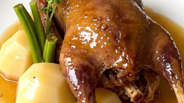 A close-up of slow-cooked guinea fowl and turnips in a glossy honey glaze on a white plate.