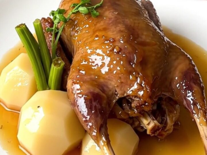 A close-up of slow-cooked guinea fowl and turnips in a glossy honey glaze on a white plate.
