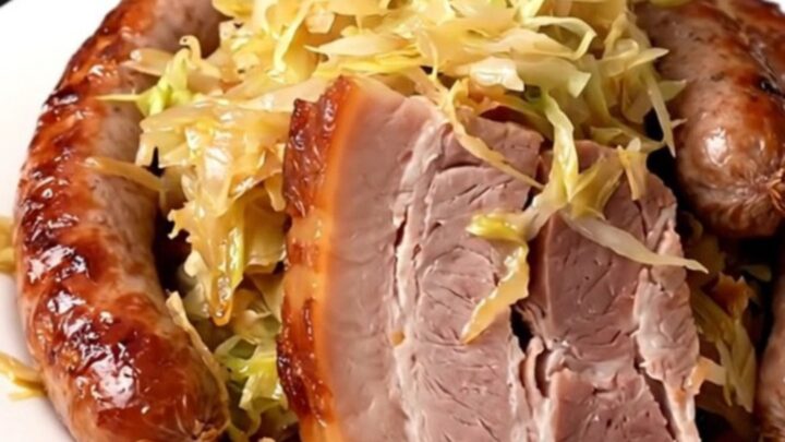 A top-down view of a slow cooker filled with smoked pork belly, sauerkraut, juniper berries, and champagne.