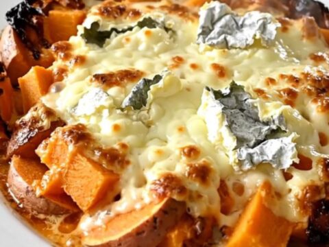 A slow cooker filled with layers of sweet potato and pumpkin slices in a creamy sauce with fresh thyme.