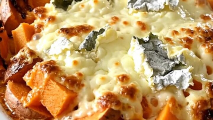 A slow cooker filled with layers of sweet potato and pumpkin slices in a creamy sauce with fresh thyme.