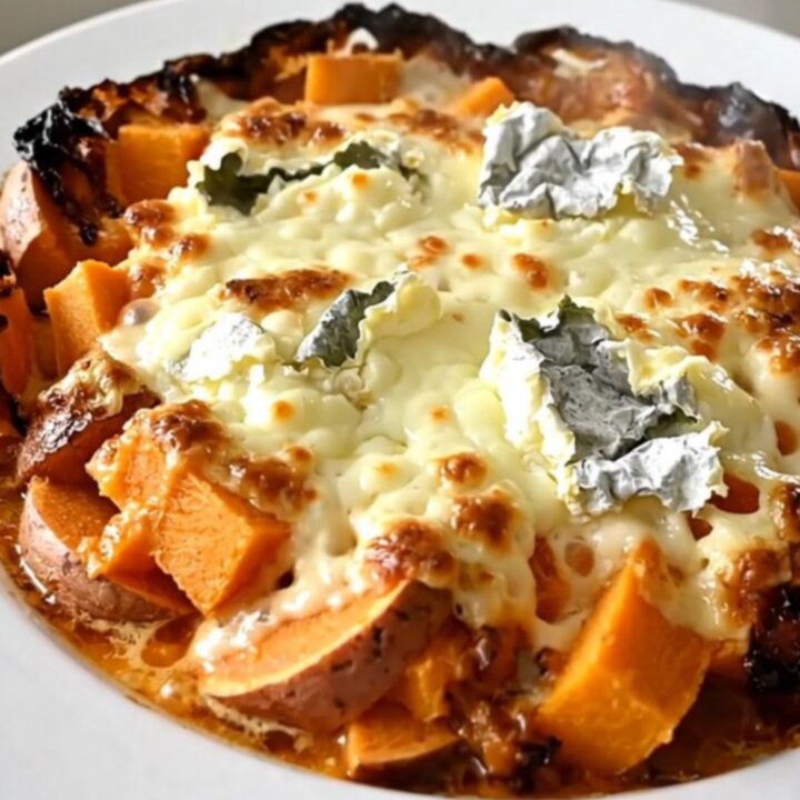 A slow cooker filled with layers of sweet potato and pumpkin slices in a creamy sauce with fresh thyme.