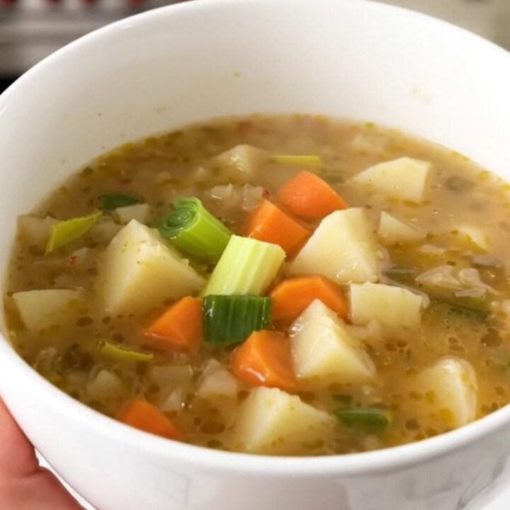 A rustic bowl of steaming vegetable soup featuring chunks of leek, carrot, potato, and turnip.
