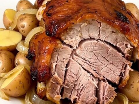 Slow cooker smoked pork shoulder with potatoes and onions in a black pot.