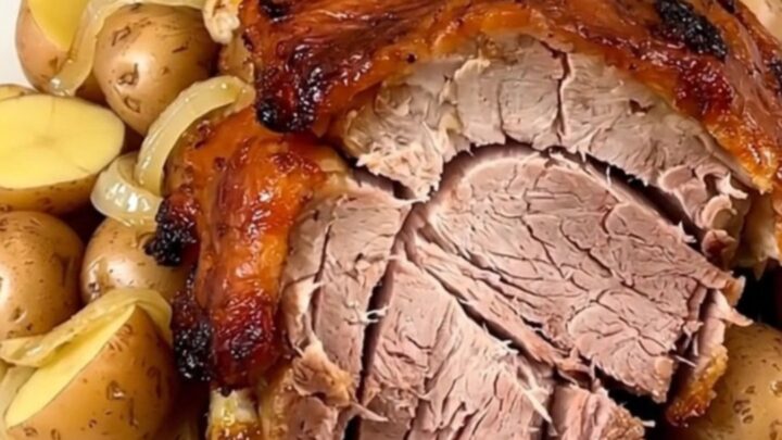 Slow cooker smoked pork shoulder with potatoes and onions in a black pot.
