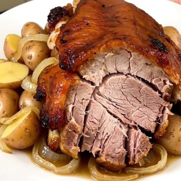 Slow cooker smoked pork shoulder with potatoes and onions in a black pot.