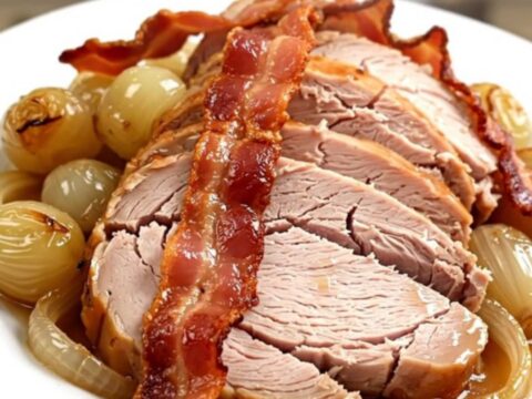 Rôti de dinde doré servi avec ses oignons grelots confits et lardons fumés sur une assiette blanche.