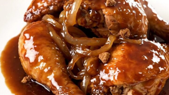A close-up of slow-cooked chicken thighs covered in a rich, dark glossy sauce served on a white plate.