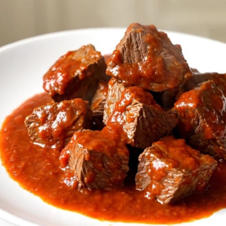 A close-up of tender, glossy beef cubes in a rich red bell pepper and tomato sauce on a white plate.