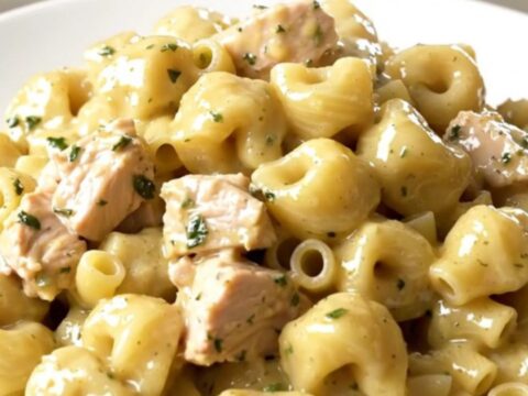 A top-down view of a black oval slow cooker filled with diced chicken, pasta, and a block of garlic herb cheese.