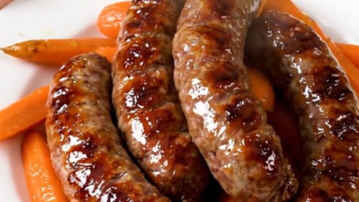 A rustic stew of pork sausages and sliced carrots in a savory white wine sauce served on a white plate.