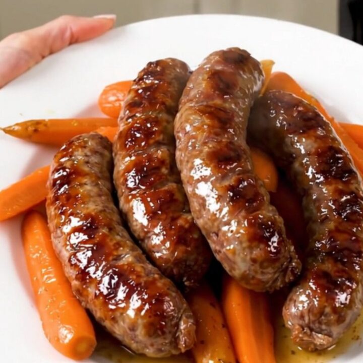 A rustic stew of pork sausages and sliced carrots in a savory white wine sauce served on a white plate.