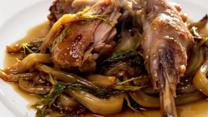 A close-up of tender, slow-cooked rabbit pieces with caramelized fennel served on a white plate.
