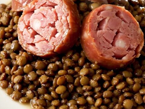 A rustic bowl of slow-cooked Lyonnais sausage and green lentils served on a white plate.