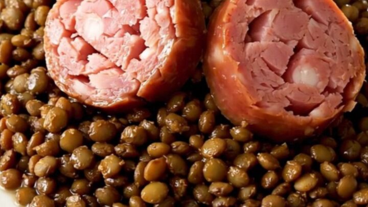 A rustic bowl of slow-cooked Lyonnais sausage and green lentils served on a white plate.