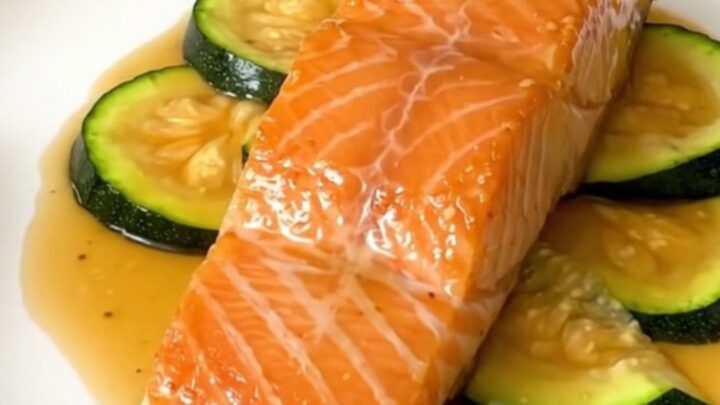 A close-up view of cooked salmon fillets and zucchini in a black slow cooker, drizzled with a glossy honey mustard glaze.