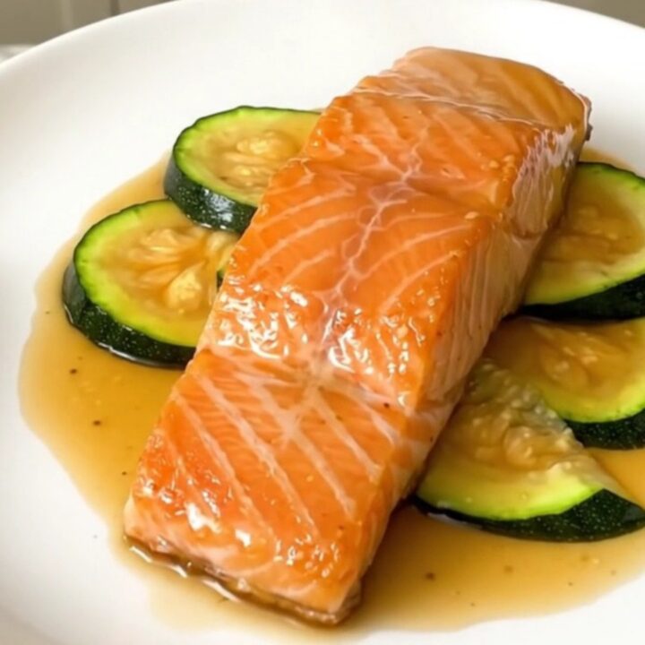 A close-up view of cooked salmon fillets and zucchini in a black slow cooker, drizzled with a glossy honey mustard glaze.