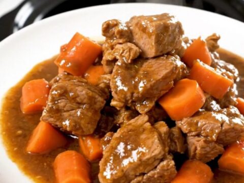 A rustic, steaming bowl of slow-cooked pork stew with carrots, garnished with fresh herbs