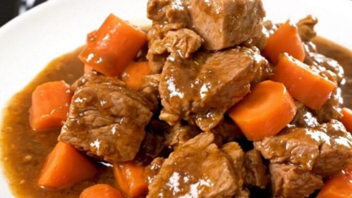 A rustic, steaming bowl of slow-cooked pork stew with carrots, garnished with fresh herbs