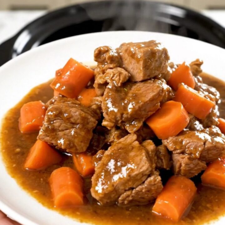 A rustic, steaming bowl of slow-cooked pork stew with carrots, garnished with fresh herbs
