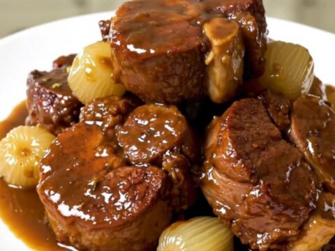 A close-up view of braised pork cheeks in a glossy mustard sauce with pearl onions on a white plate.