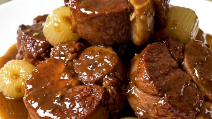 A close-up view of braised pork cheeks in a glossy mustard sauce with pearl onions on a white plate.