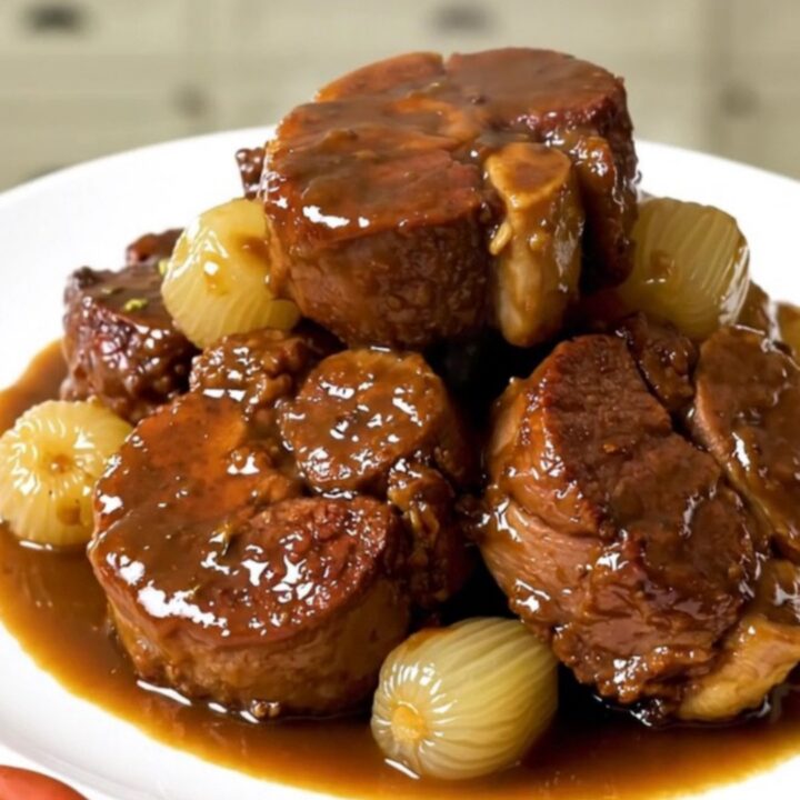 A close-up view of braised pork cheeks in a glossy mustard sauce with pearl onions on a white plate.