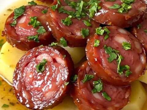 A slow cooker filled with cooked Lyonnais sausage, sliced potatoes, and chopped shallots in a white wine sauce.