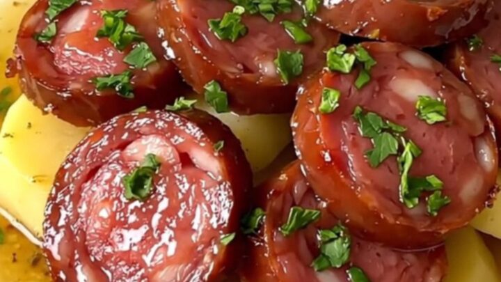 A slow cooker filled with cooked Lyonnais sausage, sliced potatoes, and chopped shallots in a white wine sauce.