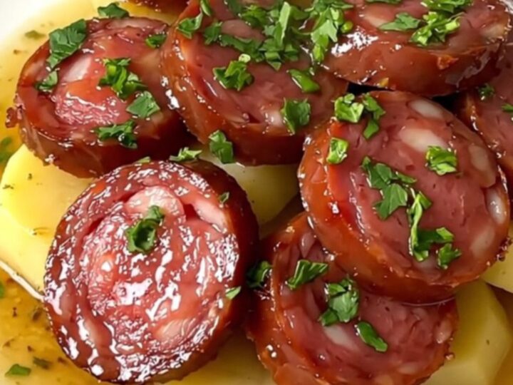 A slow cooker filled with cooked Lyonnais sausage, sliced potatoes, and chopped shallots in a white wine sauce.