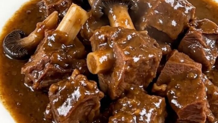 A close-up of a steaming, glossy slow cooker lamb navarin served on a white plate.