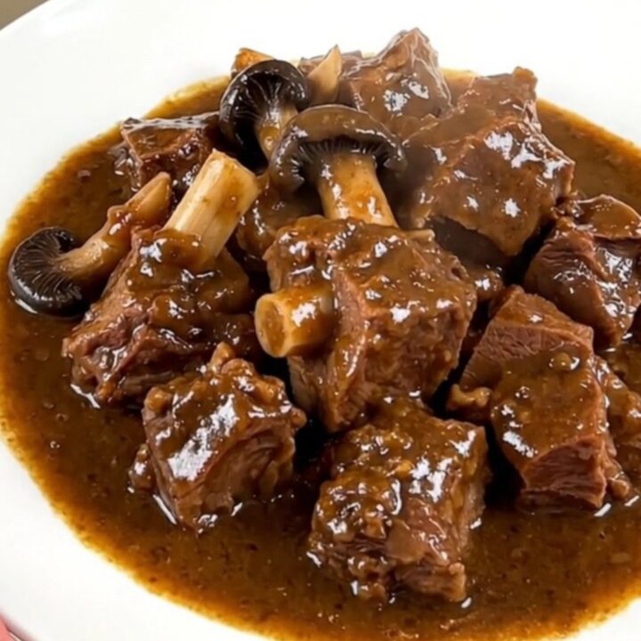 A close-up of a steaming, glossy slow cooker lamb navarin served on a white plate.
