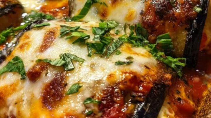 A fork lifting a tender eggplant roll with a long, appetizing stretch of melted mozzarella cheese and steam.