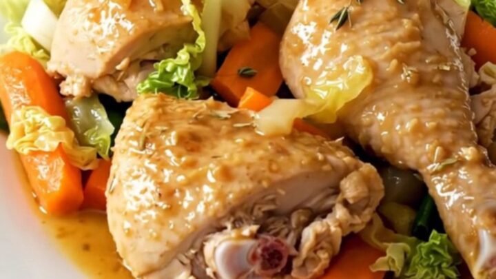 A top-down view of a slow cooker filled with raw chicken thighs, sliced cabbage, and carrots.