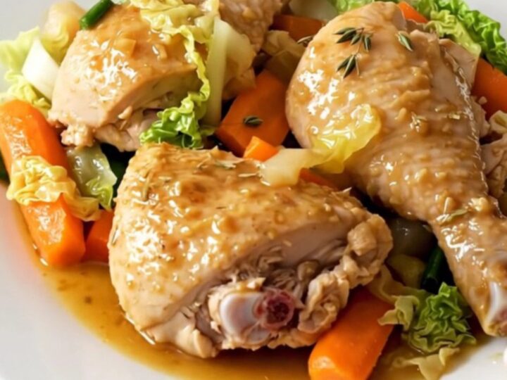 A top-down view of a slow cooker filled with raw chicken thighs, sliced cabbage, and carrots.