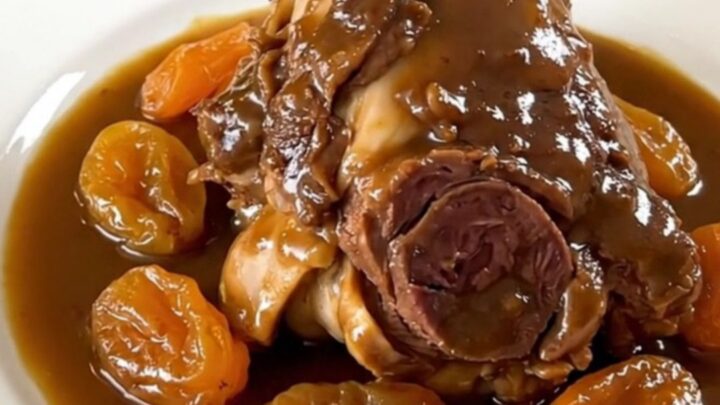 Two tender, glossy lamb shanks slow-cooked with red onions and dried apricots on a white plate.