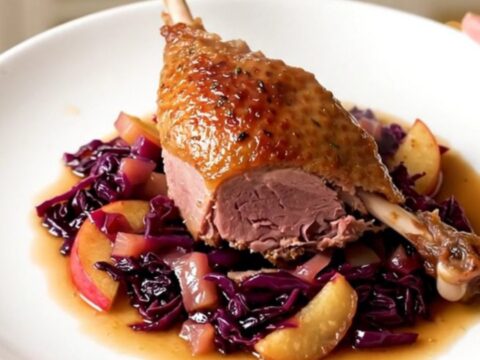 Cuisses de canard confites avec chou rouge et pommes dans une mijoteuse.