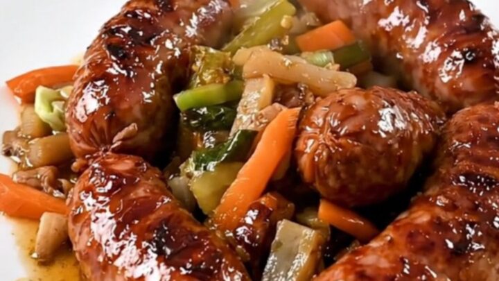 A rustic slow cooker Flemish hotpot with sausages and vegetables served in a bowl.