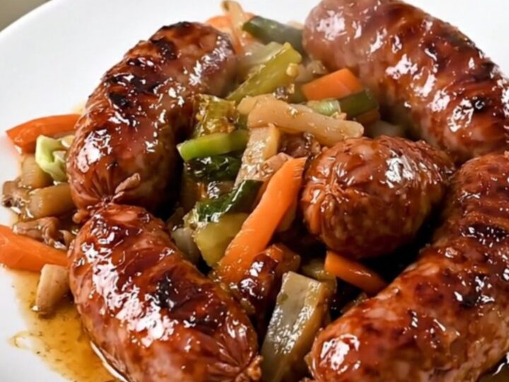 A rustic slow cooker Flemish hotpot with sausages and vegetables served in a bowl.