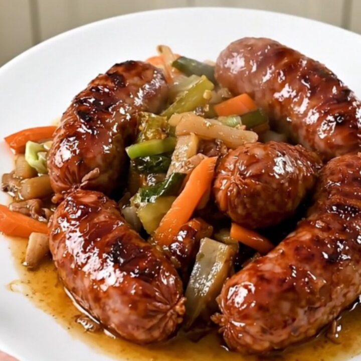 A rustic slow cooker Flemish hotpot with sausages and vegetables served in a bowl.