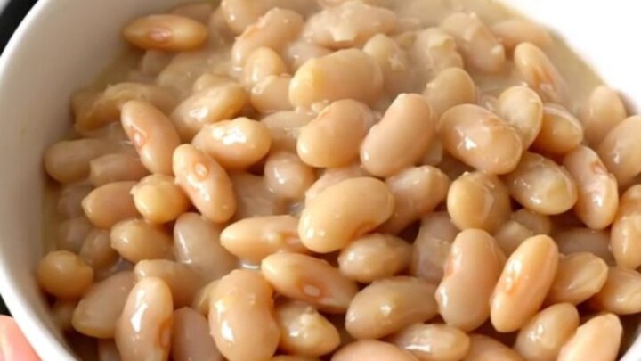 A close-up view of creamy white beans in a slow cooker topped with parmesan cheese and cream.