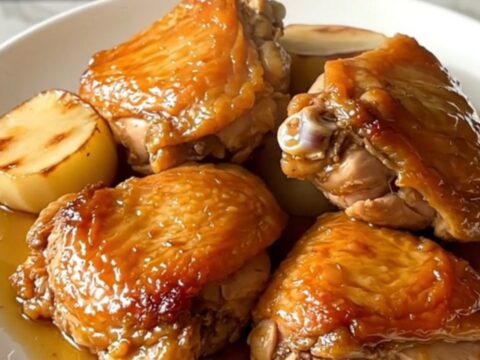 Slow cooker honey glazed chicken thighs with tender turnips on a white plate.
