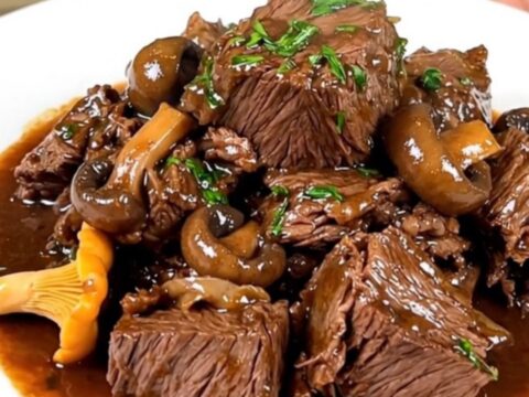 A close-up of a steaming bowl of forest beef bourguignon with chanterelles.