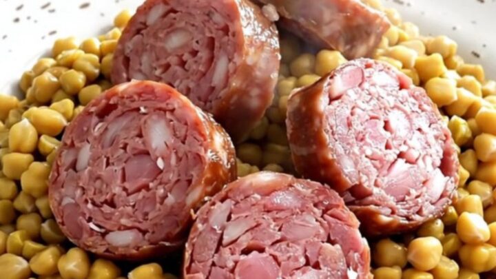 A rustic, steaming plate of sliced Morteau sausage served over a creamy mound of split peas and bright orange carrots.