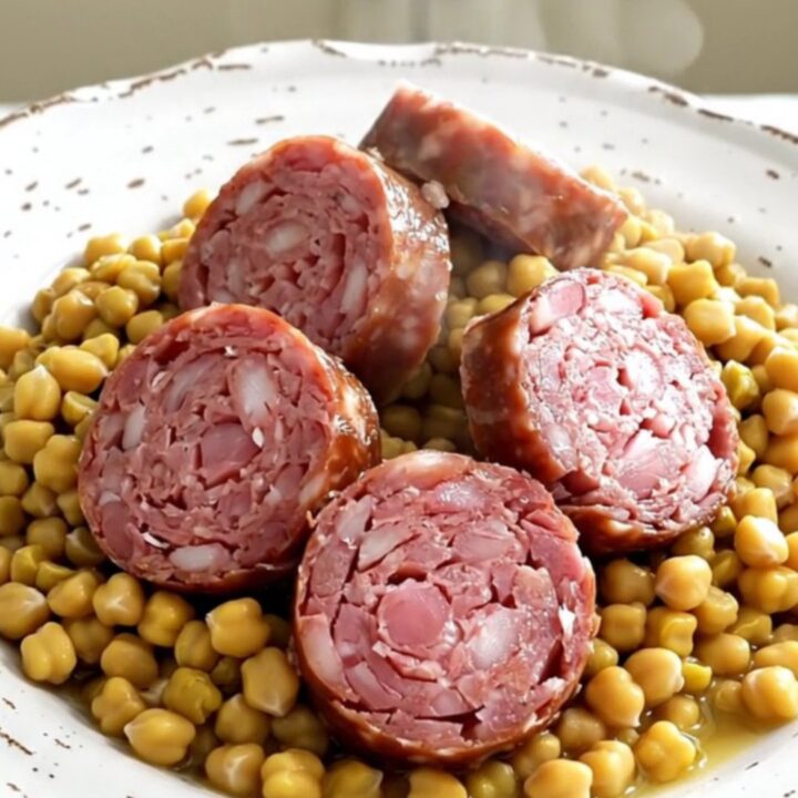 A rustic, steaming plate of sliced Morteau sausage served over a creamy mound of split peas and bright orange carrots.