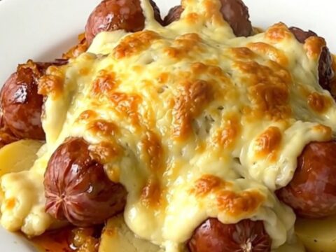 A slow cooker filled with layers of smoked sausages, sliced potatoes, and onions in a creamy sauce.
