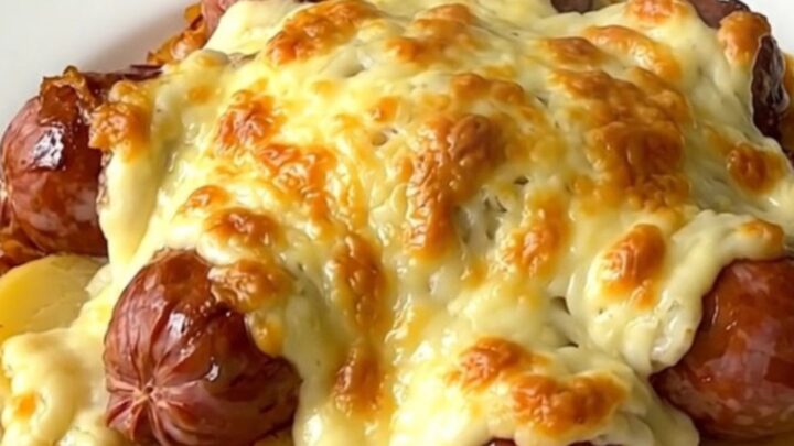 A slow cooker filled with layers of smoked sausages, sliced potatoes, and onions in a creamy sauce.