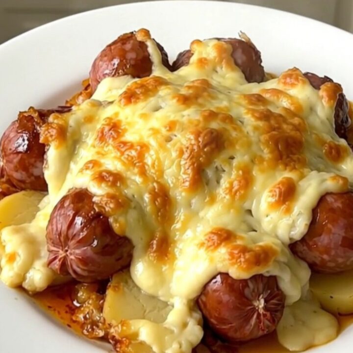 A slow cooker filled with layers of smoked sausages, sliced potatoes, and onions in a creamy sauce.